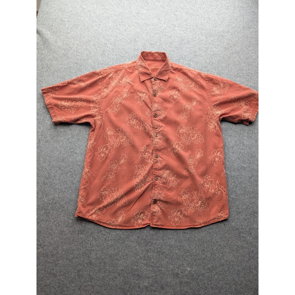 Tommy Bahama Men's Shirt Large Salmon Floral Print Button Up Short Sleeve